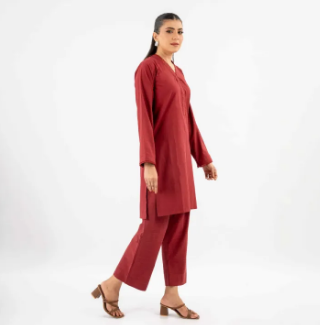 Maahru Stitched 2 PC Shirt & Trouser - Crimson Flame
