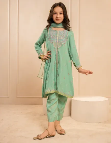 GREEN SILK EMBROIDERED 3PC STITCHED