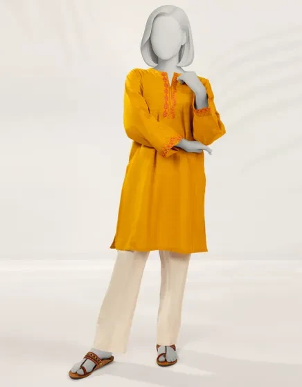 YELLOW EMBROIDERED KHADDAR KURTI